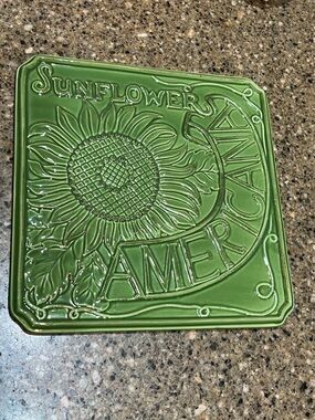 Ceramic Green Square Trivet 8x8 with Sunflower Americana Stamped Nantucket